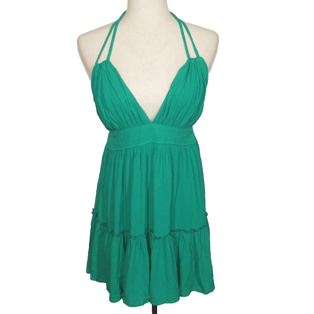 Halara Green Crinkle Gauze Low Cut V Neck Halter Tie Mini Dress Size Small